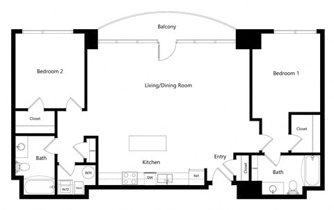 Floor plan for 2 beds, 2 baths, 1275 sqft